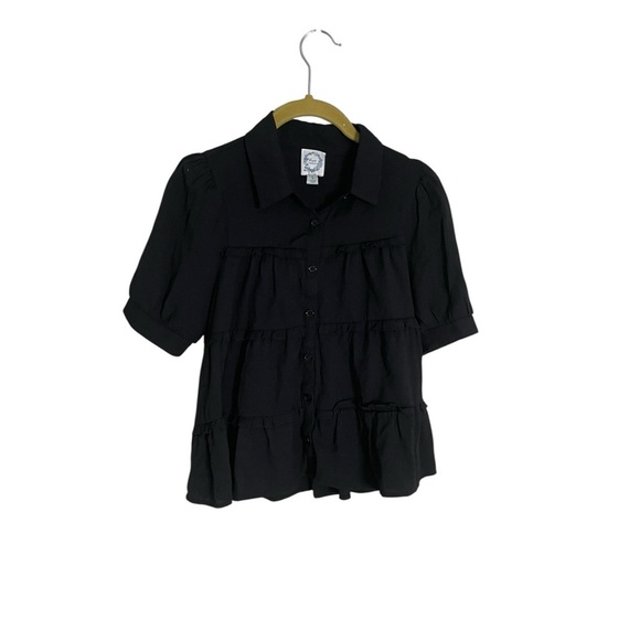 Francesca’s Blue Rain Black Button-Up Blouse Small - Picture 1 of 4
